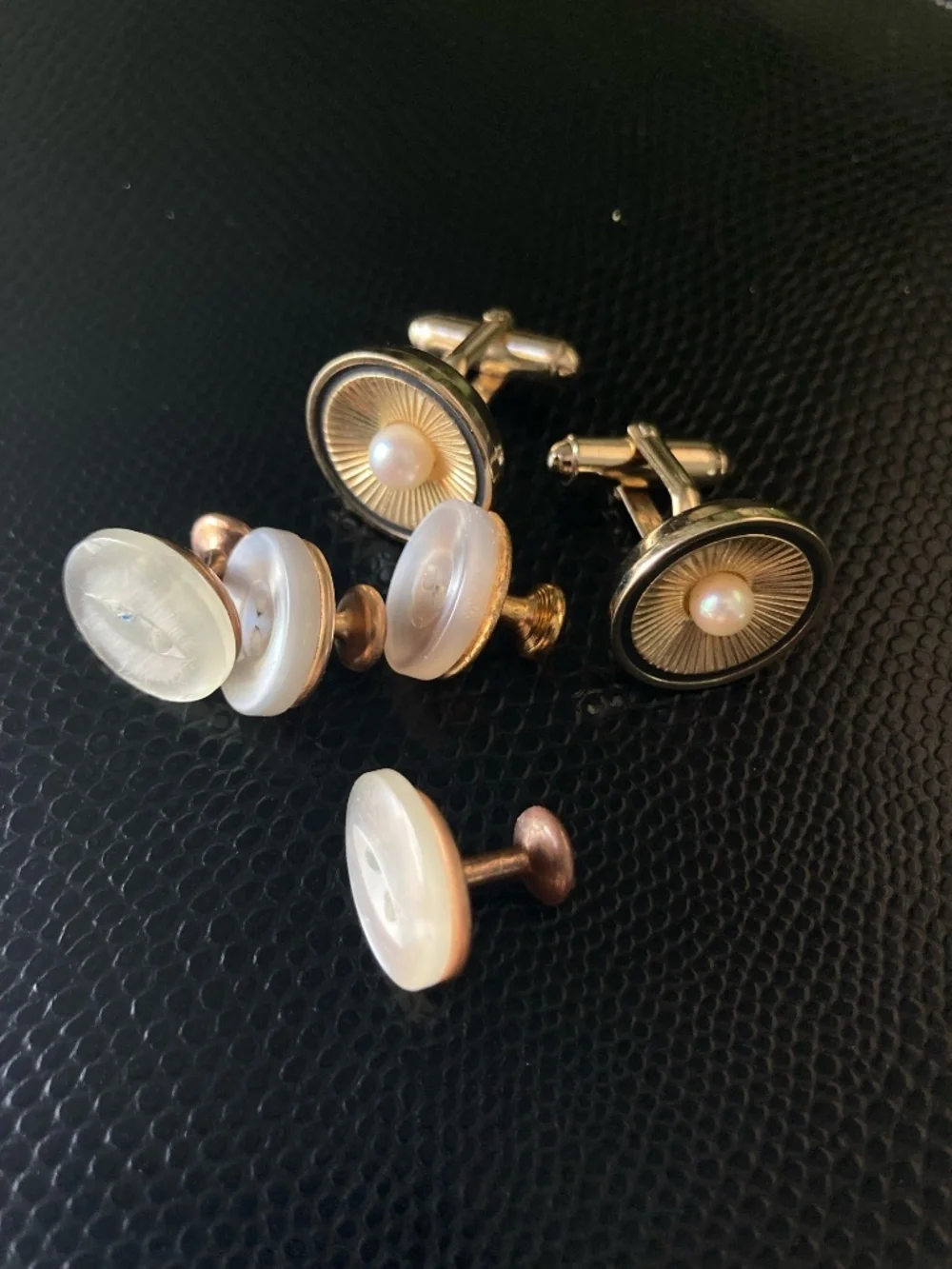 Vintage Anson Pearl Cufflinks Tuxedo Stud Set Gold Tone Formal Wedding Set